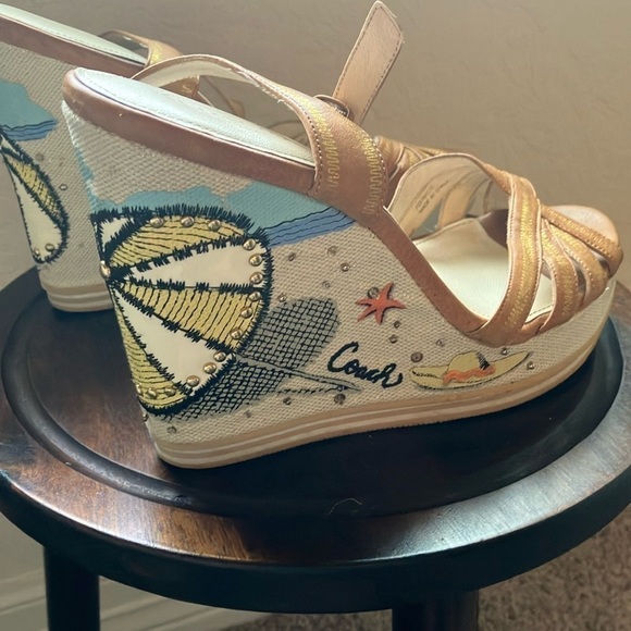 Coach: Caroline (Q632) Strappy Wedges BEACH theme- leather straps- 9B - Picture 1 of 16